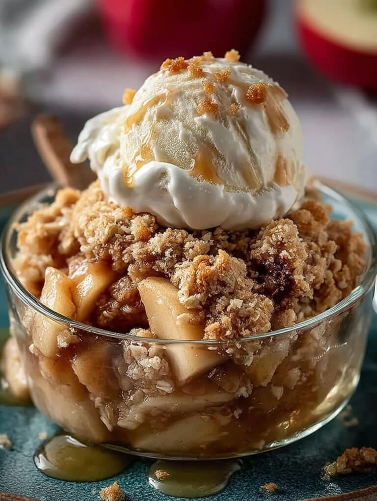 Bratapfel Crumble mit Vanilleeis Rezept: Einfach, schnell & knusprig