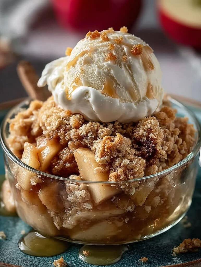 Bratapfel Crumble mit Vanilleeis Rezept: Einfach, schnell & knusprig