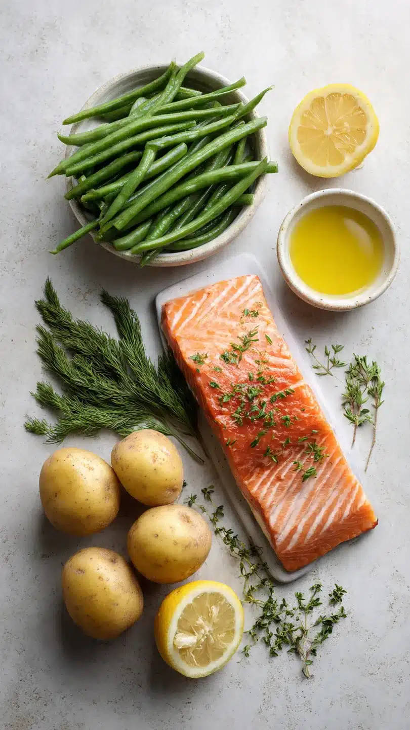 Einfaches Blechlachs Rezept mit grünen Bohnen und Kartoffeln