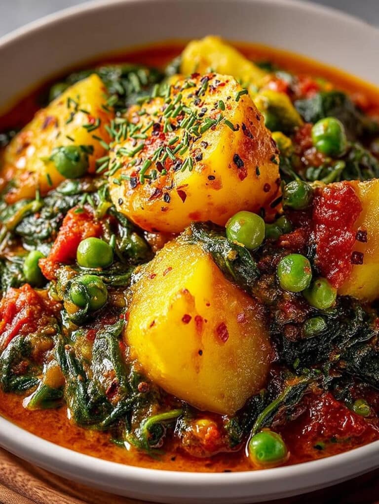 Veganes Kartoffelcurry mit Spinat und Erbsen: Einfaches, gesundes Rezept