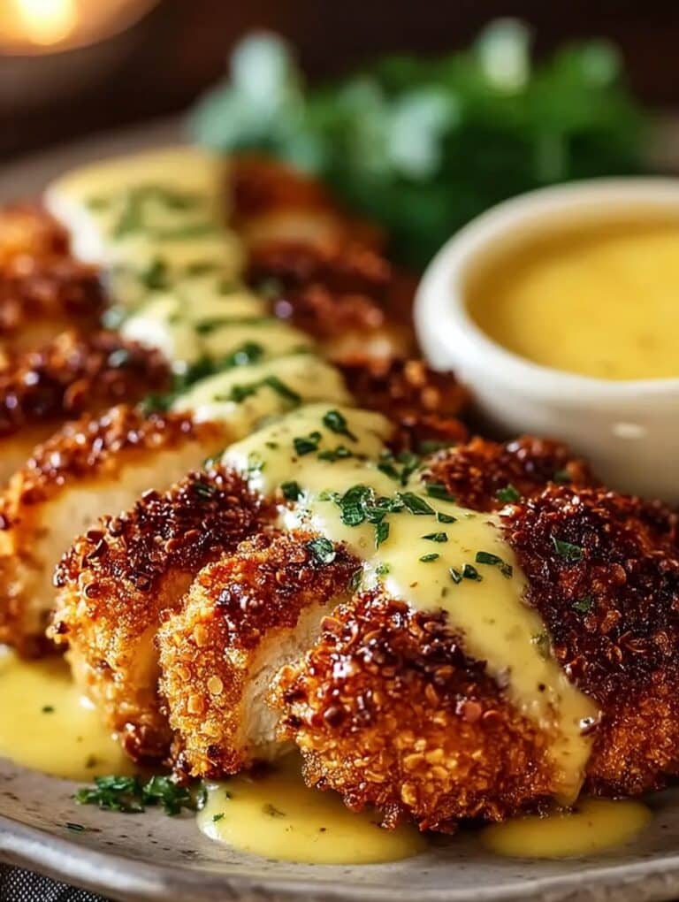 Hähnchen mit Brezelkruste: Knusprig, saftig & mit Honig-Senf-Sauce – Einfaches Rezept